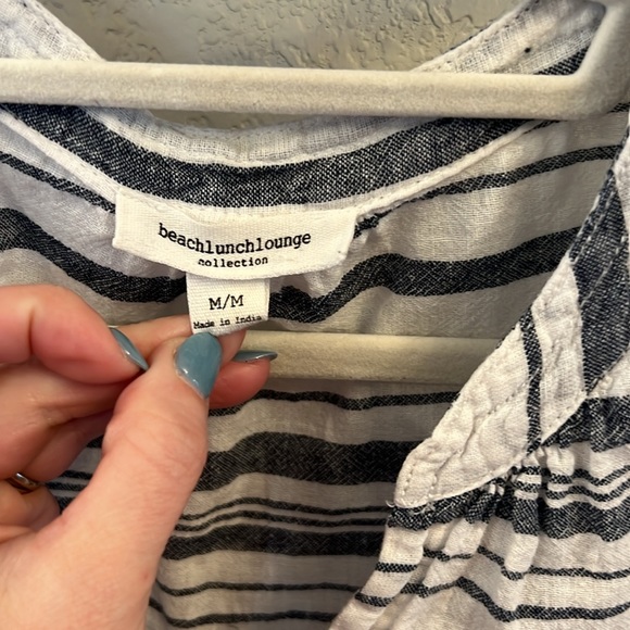 Beachlunchlounge Linen Blend Striped Split Neck Long Sleeve Tunic Top M - Picture 3 of 7